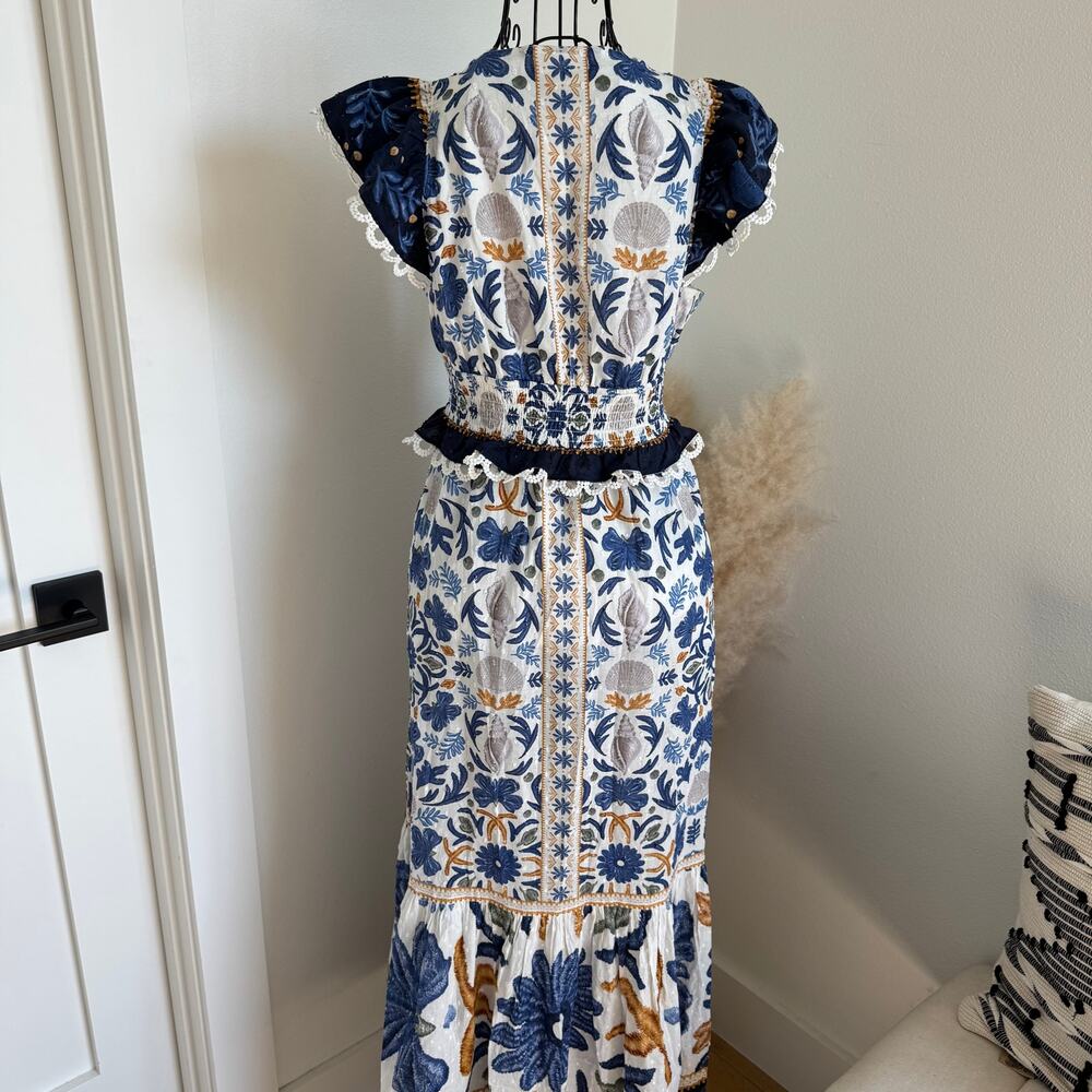 Caroline Constas Blue Floral Tapestry Smocked Ruffle Maxi Dress V-Neck Cottage - Picture 3 of 10